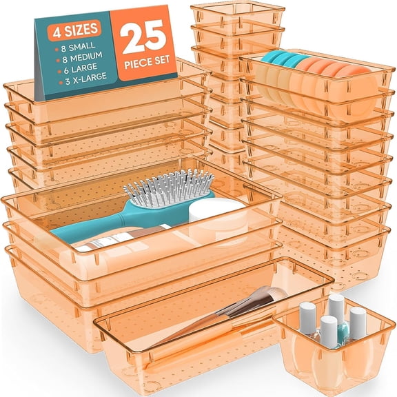 MEC 25 PCS Plastic Drawer Organizer Set, 4-Size Versatile Organizer Trays & storage Bins for Makeup, Jewelry, and Gadgets in Bathroom, Bedroom and Office,Orange