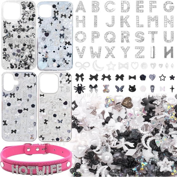 MEC 330 Pcs Junk Phone Case Charms 26 Pcs A-Z Rhinestone Alphabet Letter Charm, Mix Black White Flower Bow Heart Pearls Flatback Resin Charms Letter Junk Cases Kit for DIY Crafts