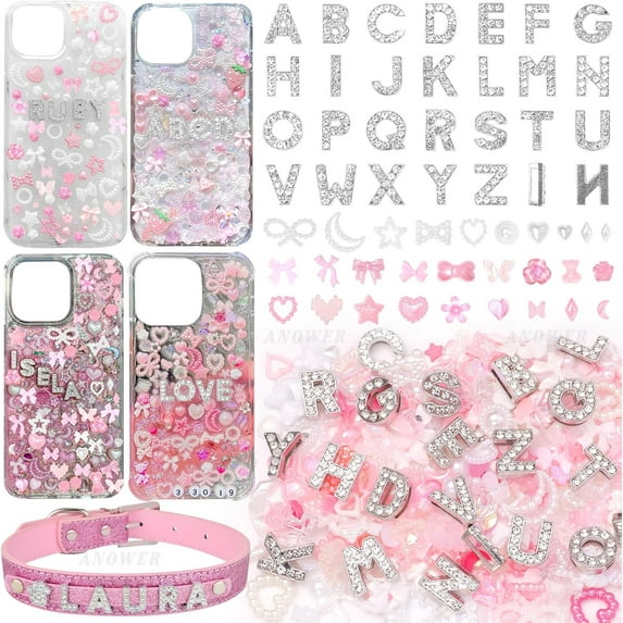 MEC 330 Pcs Junk Phone Case Charms 26 Pcs A-Z Rhinestone Alphabet Letter Charm, Mix Pink Color White Flower Bow Heart Pearls Flatback Resin Charms Letter Junk Cases Kit for DIY Crafts