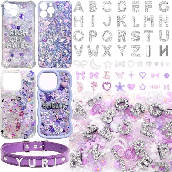 MEC 330 Pcs Purple Junk Phone Case Charms 26 Pcs A-Z Rhinestone Alphabet Letter Charms, Mix Flower Bow Heart Pearls Flatback Resin Charms Letter Junk Cases Kit for DIY Crafts