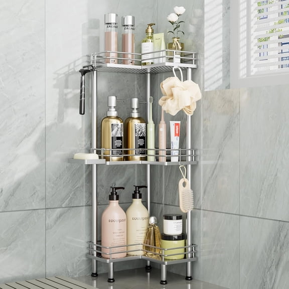 MEC Corner Shower Caddy Standing - 3-Tier Stainless Steel Shower Organizer with Soap Holder and 4 Hooks, Large Capacity Corner Shelf Stand for Bathroom, Rest Room, Silver
