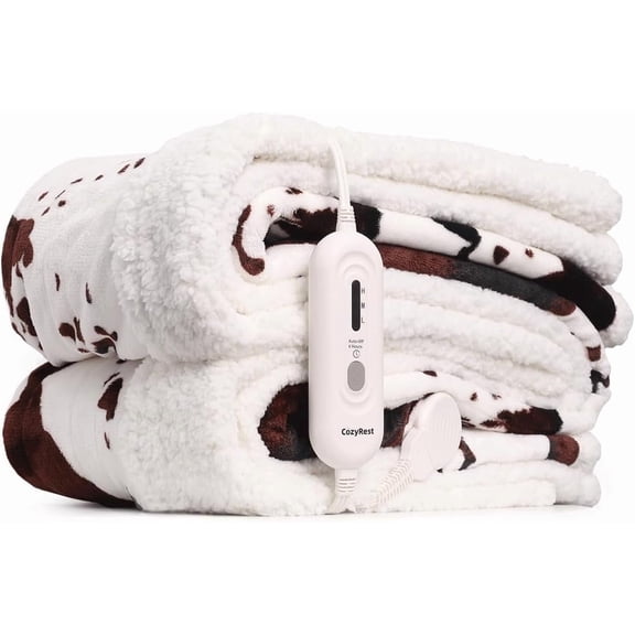 MEC Cow Print Electric Blanket Heated Throw Blanket with 3 Heat Settings & 4-Hour Auto Shutoff, Fast Heating, Soft Flannel & Sherpa Fleece, Machine Washable, 50 x 60 Inches (Beige Cow Stripes, Throw)