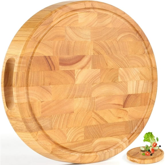 MEC Extra Large & Thick Wood Cutting Board 13 x 13 x1.5 Inch End Grain Built-In Compartment and Juice Canal, Heavy Duty Chopping Board Thick Carving Board for Bread Fruits (Round: 13 x 13 x 1.5 inch)