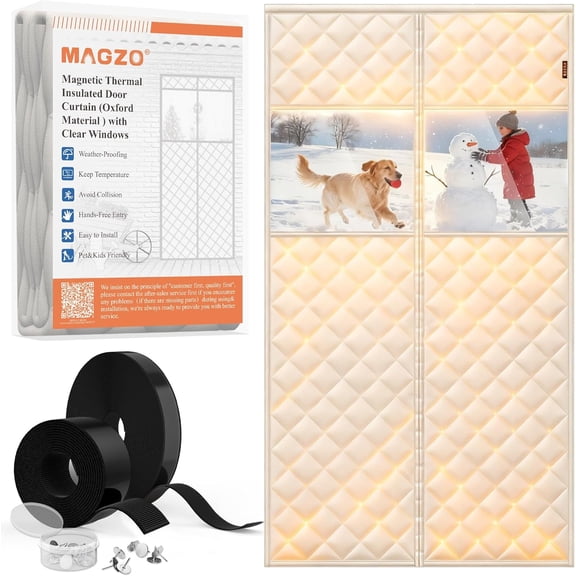 MEC Temperature Protection Insulated Door Curtain with Perspective Window, 34" x 82", Oxford Fill with Thicken Cotton, Insulation Cover Blanket for Winter/Cold Weather, Keep Warm in Winter, Beige