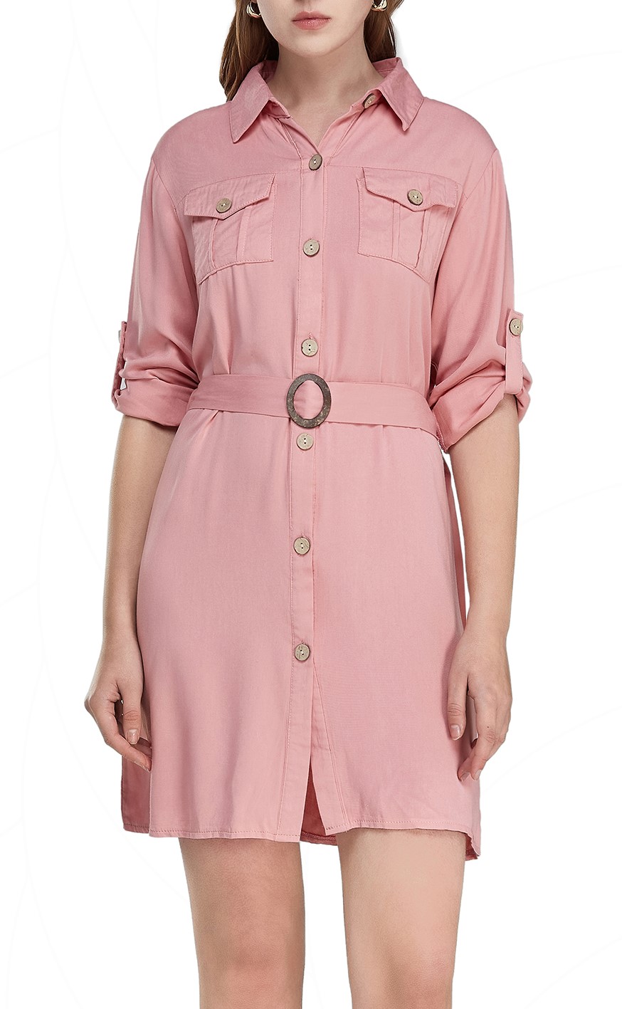 MECALA Women 3/4 Long Sleeve Button Down Shirt Dress Casual Midi Dress Pink L - image 1 of 10