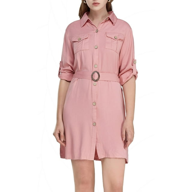 MECALA Women 3/4 Long Sleeve Button Down Shirt Dress Casual Midi Dress Pink L