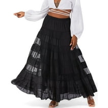 MECALA Women Bohemian Long Maxi Skirt Ruffle Tiered Pleated Ankle Length Skirt Dress Black S