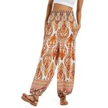 MECALA Women Elastic Waist Harem Hippie Boho Pants Loose Baggy Yoga Beach Pants Casual Wide Leg Trousers,Orange,S