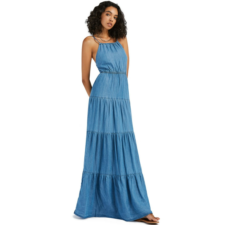 Denim Dress Spaghetti Maxi Dress,Light Long Strap Sleeveless Women MECALA Blue,S Beach Cami Dress Layered