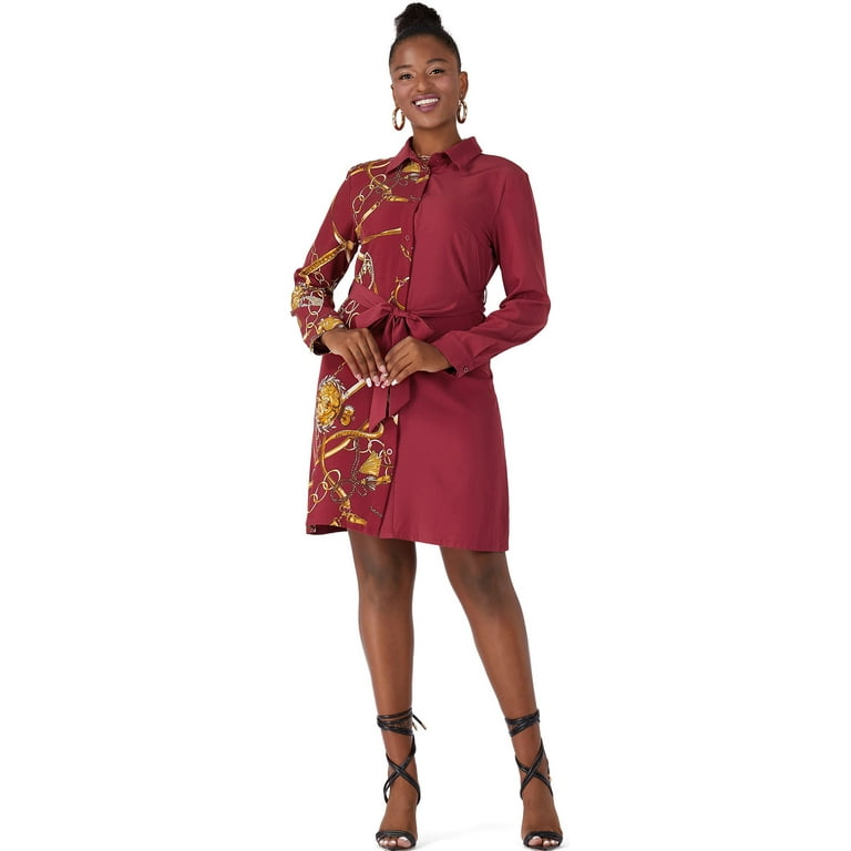 MECALA Women s Button Down Shirt Dress Long Sleeve Baroque Print Belted Midi Dress Red M Walmart