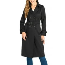 MECALA Womens Double Breasted Trench Coat Buckle Belted Jacket Windproof Overcoat,Black,L