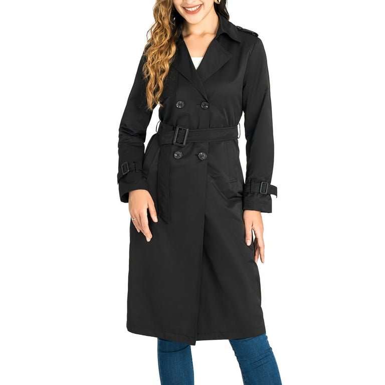 MECALA Womens Double Breasted Trench Coat Buckle Belted Jacket Windproof Overcoat Black M