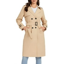 MECALA Womens Double Breasted Trench Coat Buckle Belted Jacket Windproof Overcoat,Khaki,L