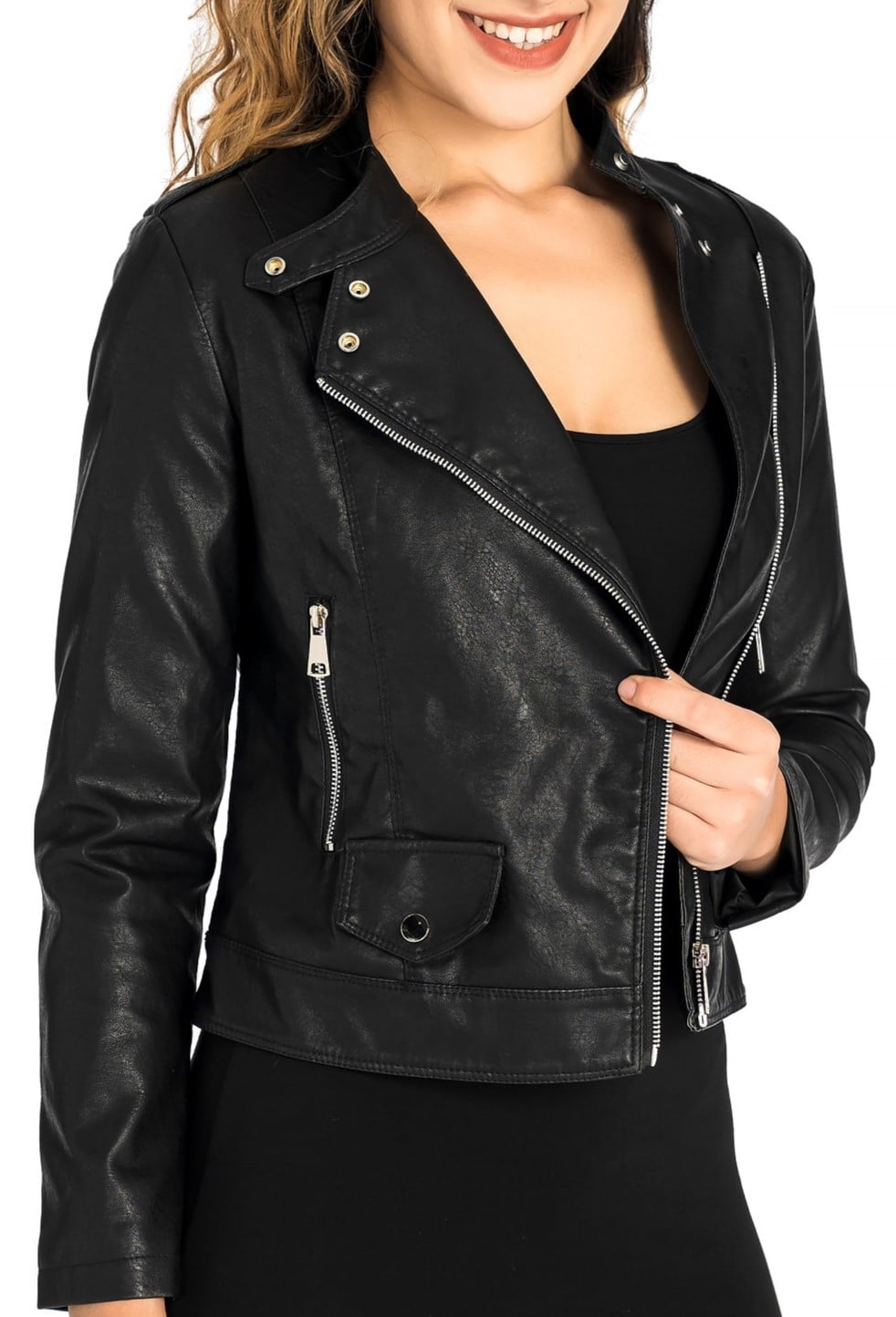 MECALA Womens PU Faux Leather Jacket Zip Up Moto Biker Short Jacket ...