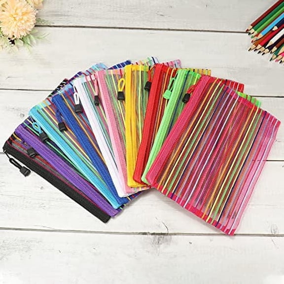 MECCANIXITY Mesh Zipper Pouches, A5 Pencil Case Document File Bags Storage Organizer for Office Supply Travel Accessory, Multicolor Pack of 10