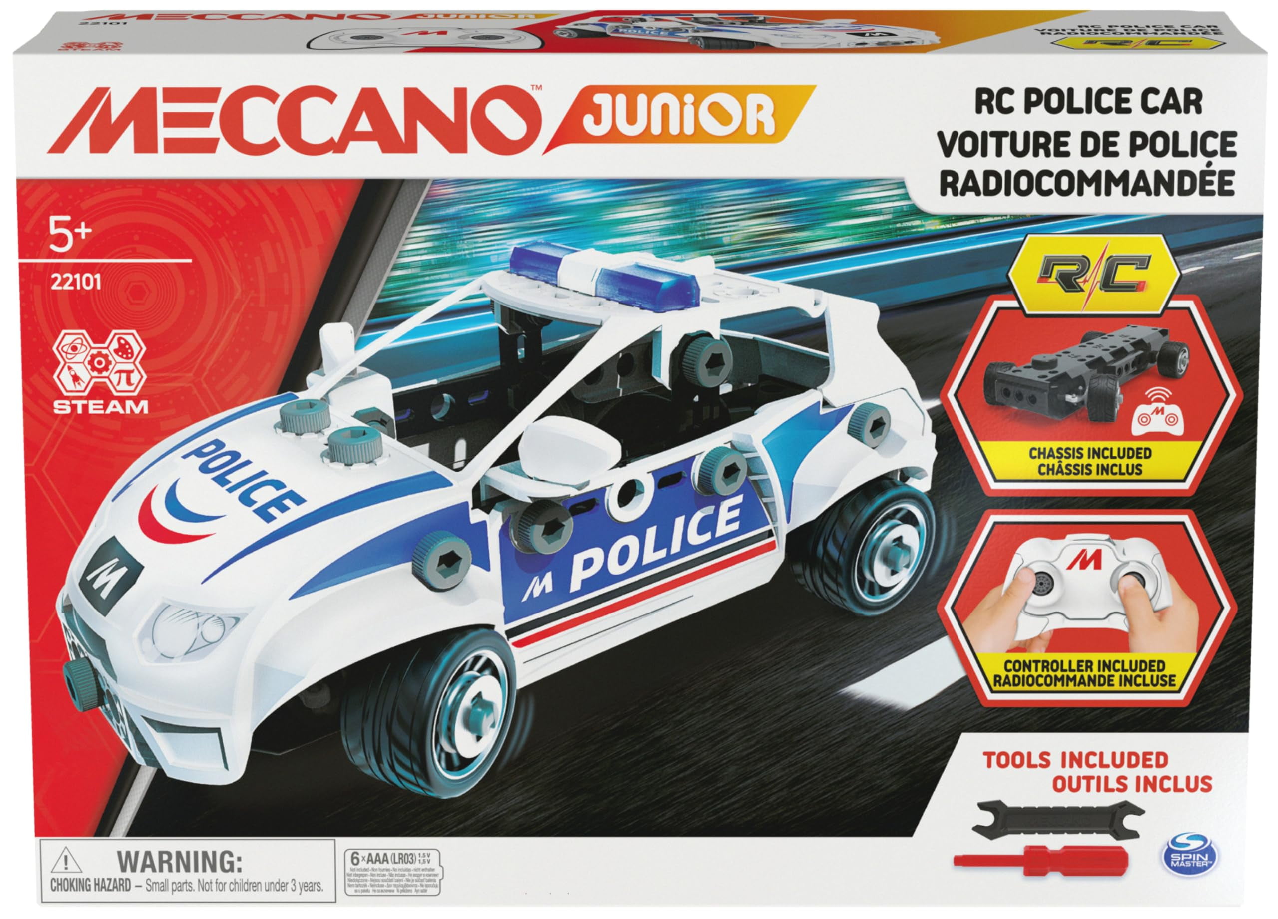 MECCANO Junior, RC Police Car with Working Trunk and Real Tools, Toy Model Building Kit, STEM Toys for Kids Ages 5 and up
