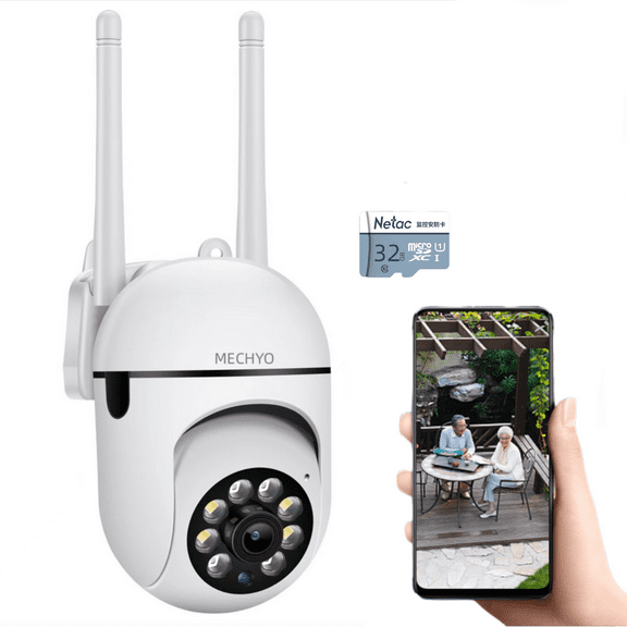 MECHYO 360° View & Motion Detection 1080p 2.0MP Outdoor Security Camera with Memory Card, White
