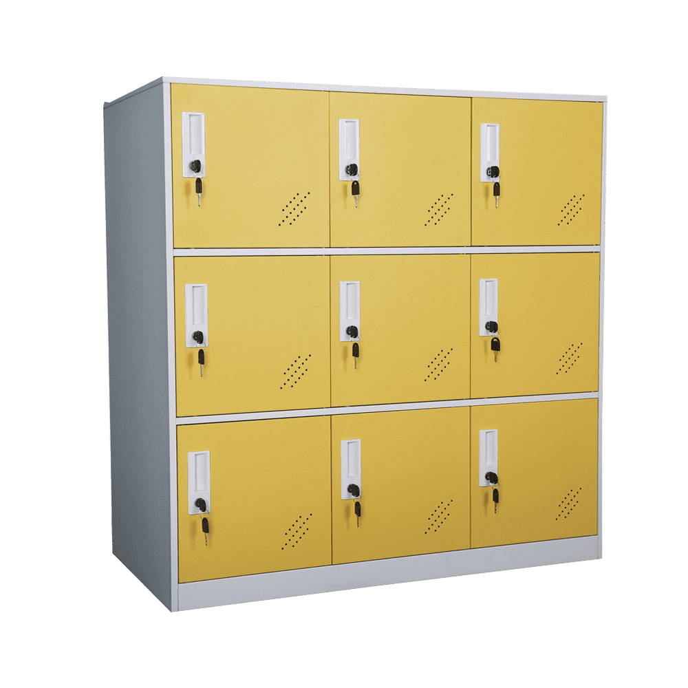 Yellow and White Cold Rolled Steel 9-Door Lockable Storage Cabinet