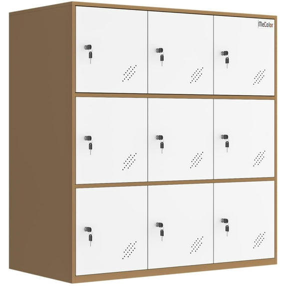 MECOLOR Shool and Home Locker Cabinet Organizer Storage 9 doors Brown body with white door wall mouted type