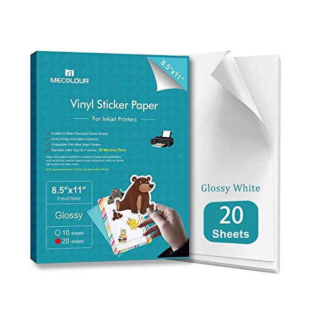 MECOLOUR Premium Printable Vinyl Sticker Paper for Cricut Glossy White 20 Sheets Waterproof Dries Quickly Vivid Colors- Tear Resistant - for Any