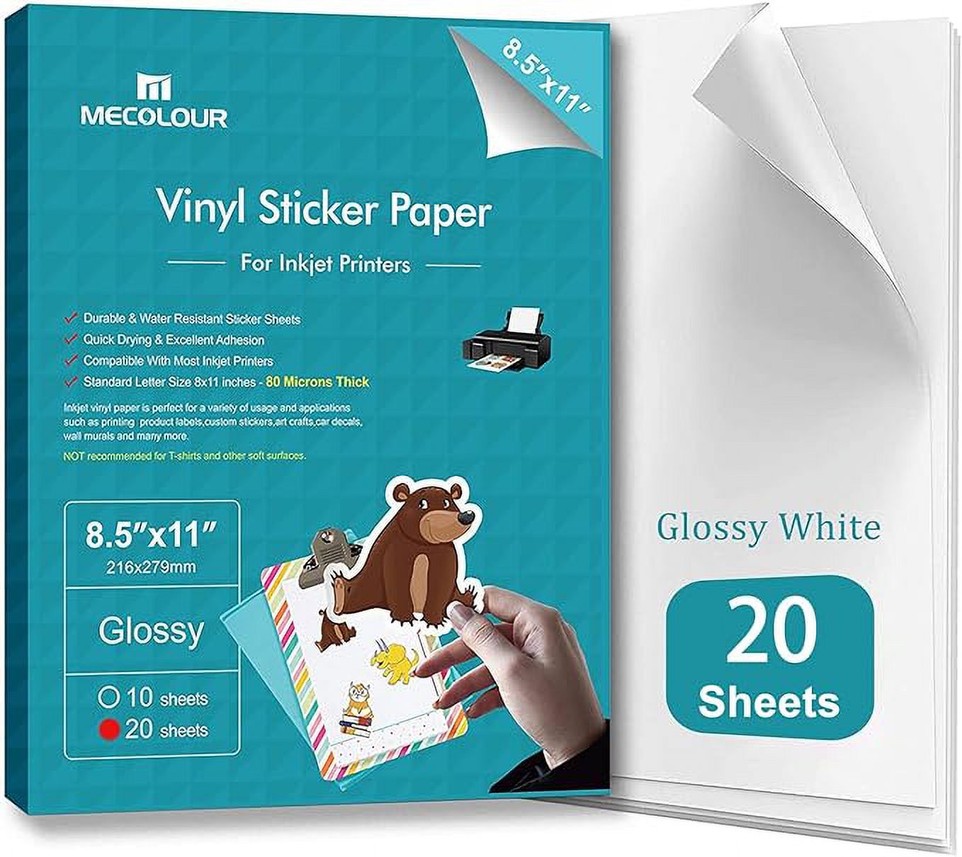 MECOLOUR Premium Printable Vinyl Sticker Paper for Cricut Glossy White