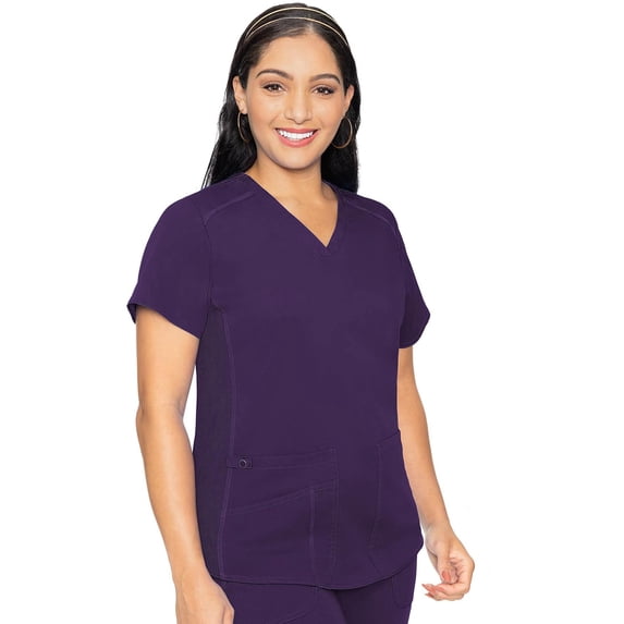Med Couture V-Neck Scrub Top for Women with 4 Pockets, Rib-Knit Side Panel, and Shirttail Hem MC7459, Eggplant, Medium