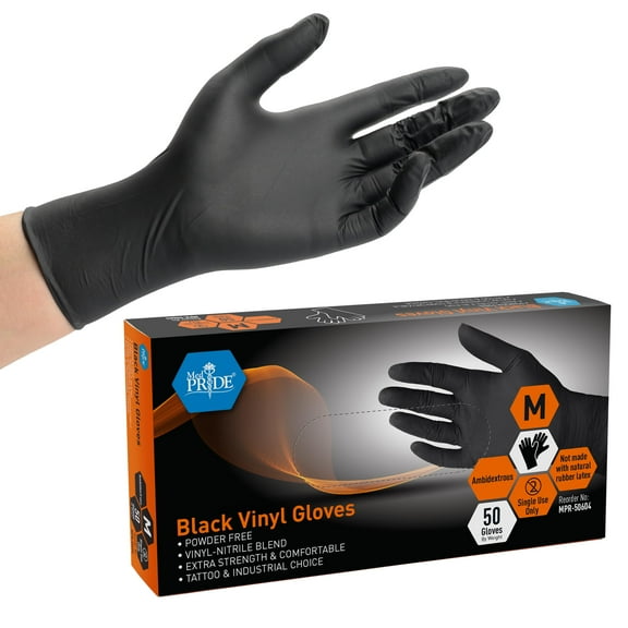 MED PRIDE Black Vinyl Gloves, Medium 50-Pack Disposable Powder & Latex-Free Cleaning Gloves for Medical & Food Use