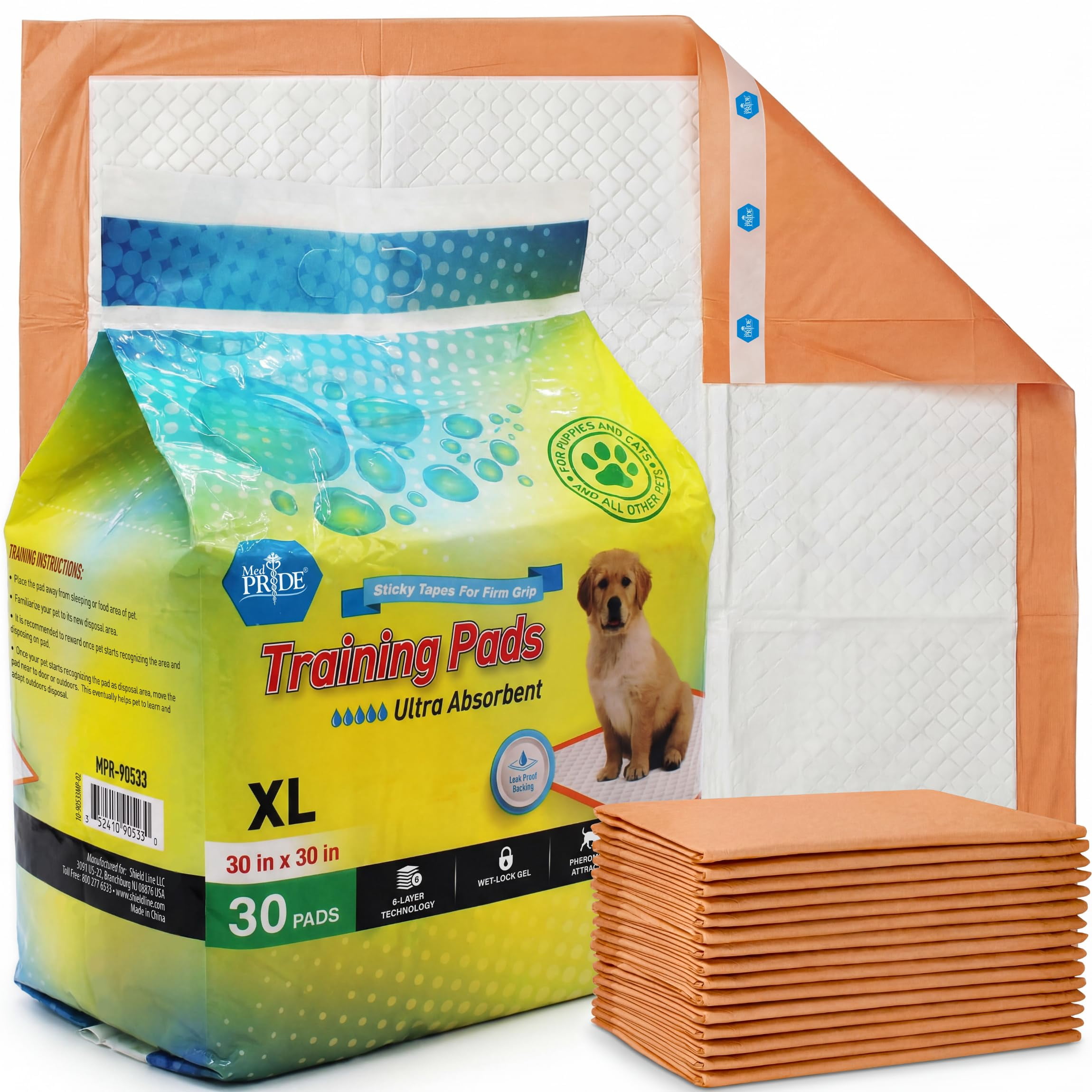 MED PRIDE Dog Training Pads with Adhesive Tabs & Attractant, 30 Count Puppy Pee Pads, 30 x 30 Inch Extra Large Disposable Potty Pads, 6-Layer Ultra Absorbent Leakproof Waterproof Pet Pads