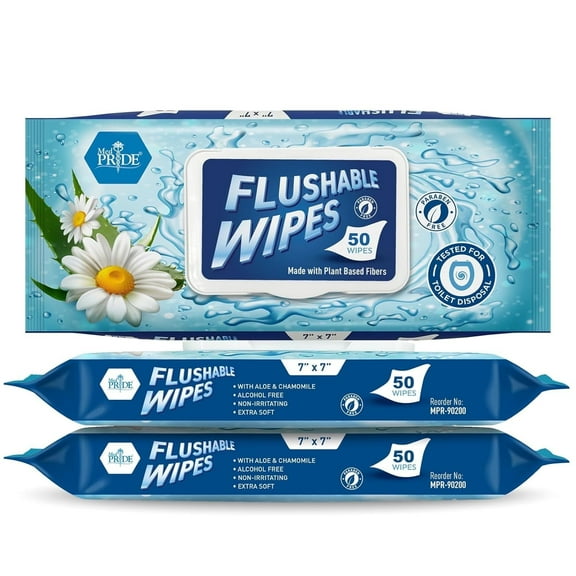 MED PRIDE XL Flushable Wipes for Adults Unscented 150 Pack Large Aloe Vera Chamomile Plant-Based Plastic-Free Wipes Flushable and Gentle on Skin