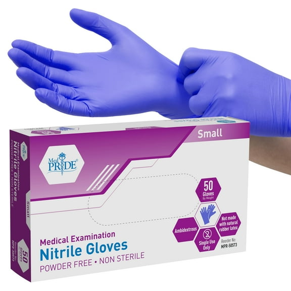 Med Pride Nitrile Gloves, 50 Count, Blue, Disposable Powder & Latex-Free Gloves for Hospital & Home Use, Small