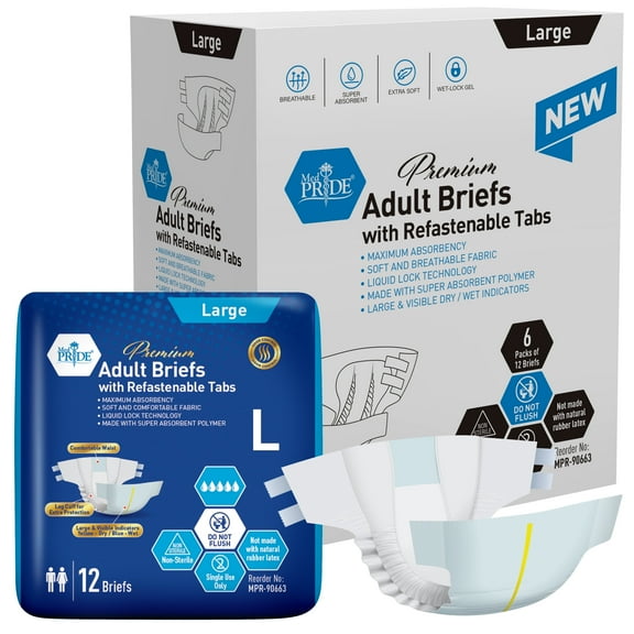 MED PRIDE Adult Diapers – Maximum Absorbency Adult Briefs with Tabs, Unisex Disposable Underwear, Case of 72 Large White
