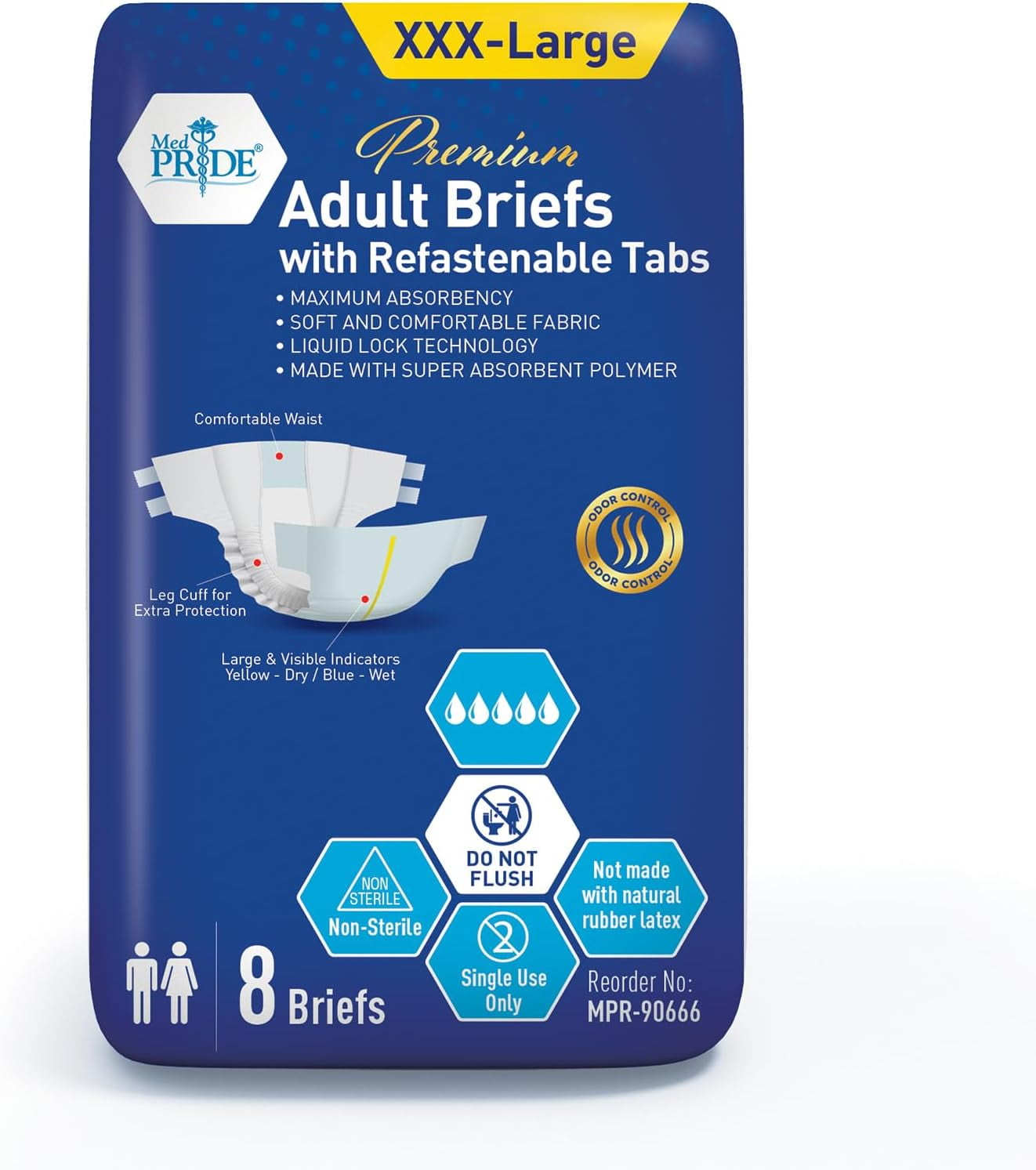 MED PRIDE Overnight Adult Diapers for Men & Women with Refastenable Tabs, XXXL 8-Pack