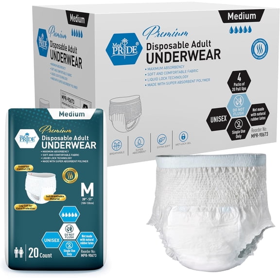 MED PRIDE Premium Disposable Adult Underwear, 80 Count, Medium (39" - 51"), Maximum Absorbency, Unisex, Odor Control, Soft & Comfortable