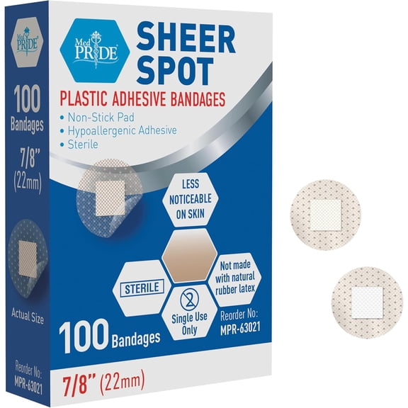 MED PRIDE Sheer Adhesive Bandages for Wounds Plastic Sterile First Aid Strips, 7/8" 100-Pack
