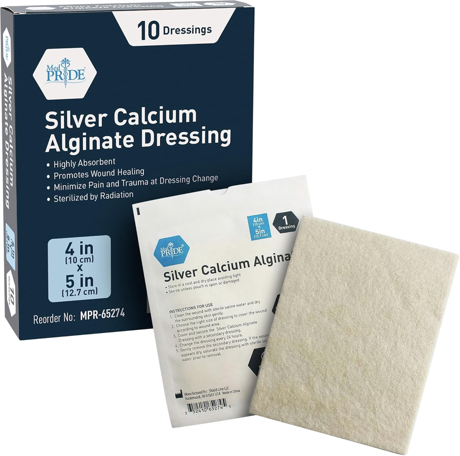 MED PRIDE Silver Calcium Alginate Non Stick Wound Pads, 4 X 5 Inch, 10 Count Sterile, Highly Absorbent