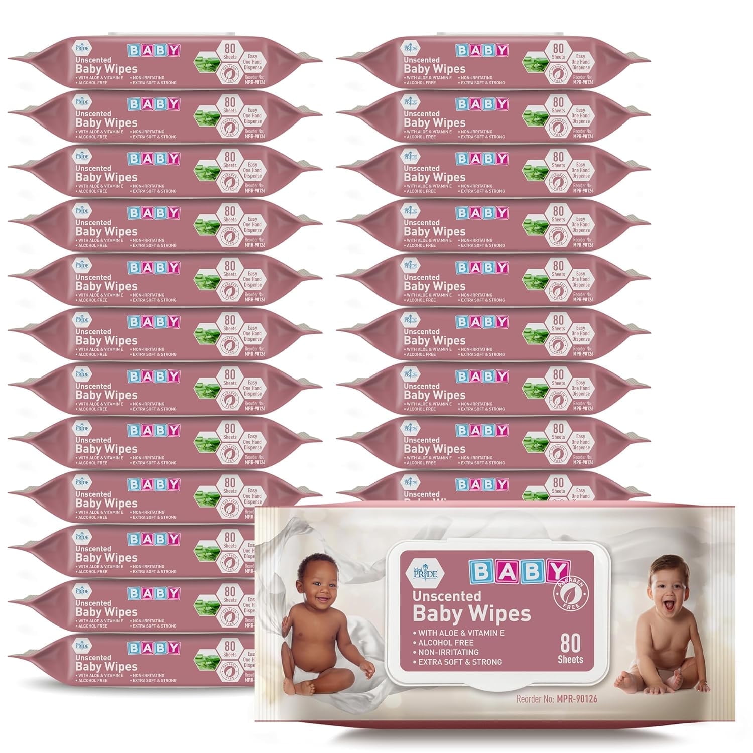 MED PRIDE Unscented Baby Wipes Alcohol Free Wet Wipes with Aloe Vera & Vitamin E, 24-Pack