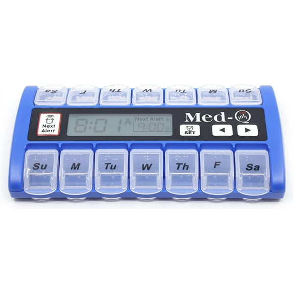 MED-Q Digital Pill Box Organizer, 2 Beep Reminder, LED Alert, Blue