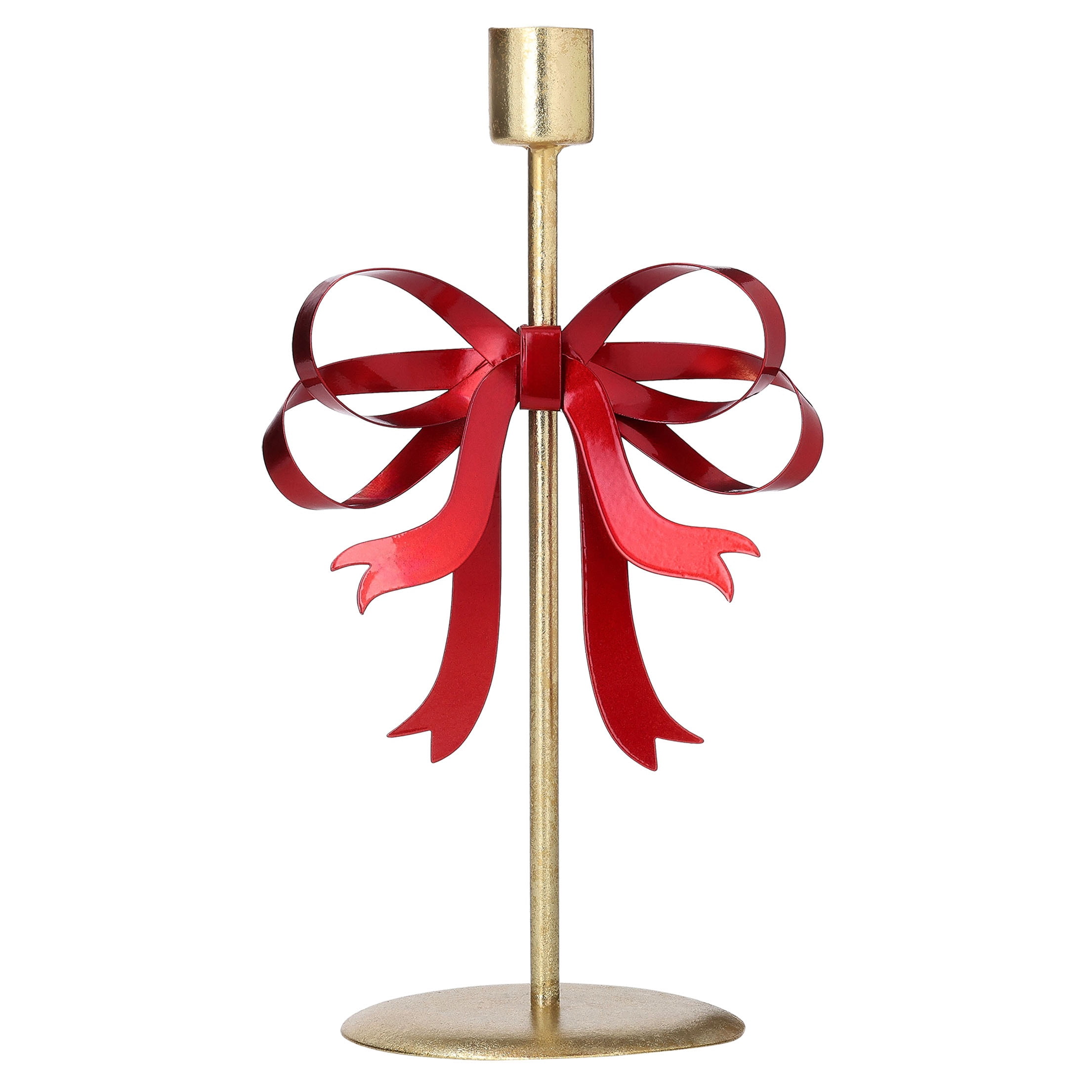 Medium Gold and Red Bow Metal Christmas Taper Candle Holder, 9.5", by Holiday Time
