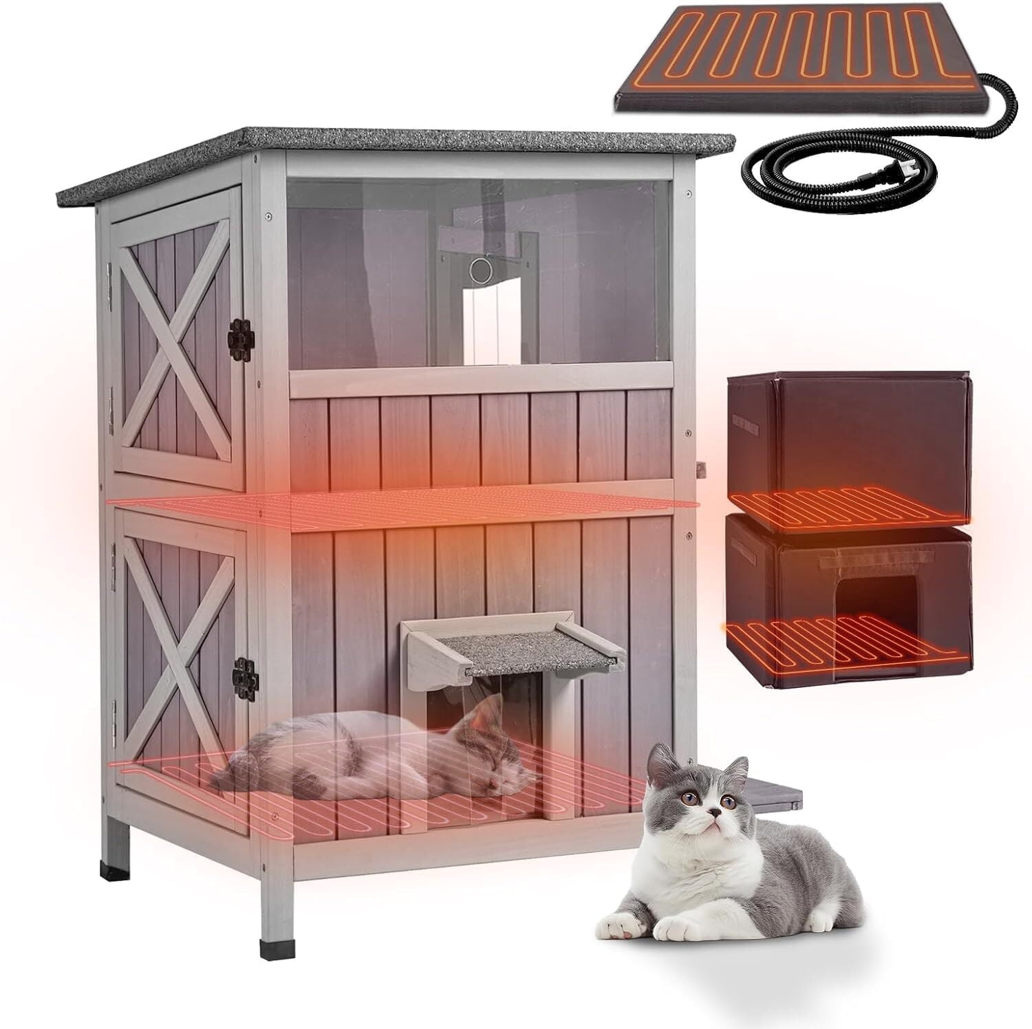 MEDEHOO 2-Story Heated Cat House Large Outdoor Insulated Cat House Weatherproof Feral Cat Shelter with Heated Pad Insulated Thermal Liner for 1-4 Cats