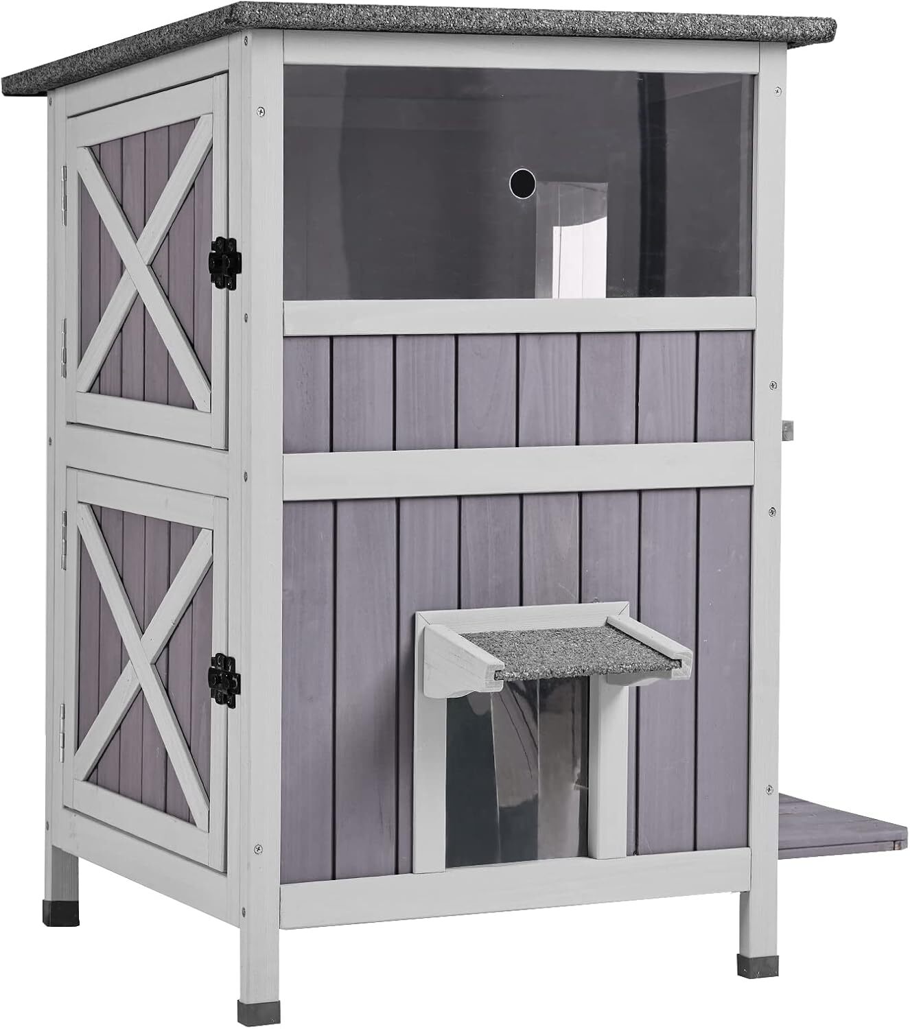 MEDEHOO 2-Story Outdoor/Indoor Cat House - Solid Wood Kitty Condo with Escape Door, Removable Floors, Weatherproof Asphalt Roof & Sun Balcony