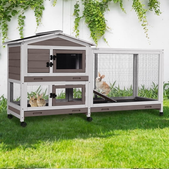 MEDEHOO Rabbit Cage Indoor Bunny Hutch with Chew-Proof Ramp - 2 Story Guinea Pig Cages Outdoor with 6 Wheels, Leakproof Pull-Out Tray for Rabbits, Guinea Pigs (Brown)