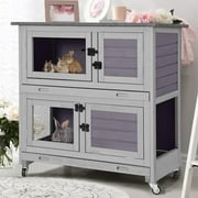 BUTINGLALE 2-Story Rabbit Hutch with Chew-Proof Ramp, 36" Indoor/Outdoor Rabbit Cage with 4 Casters & 2 Pull-Out Trays, Wooden Bunny Hutch Leakproof Small Animal Cage for Rabbits, Guinea Pigs
