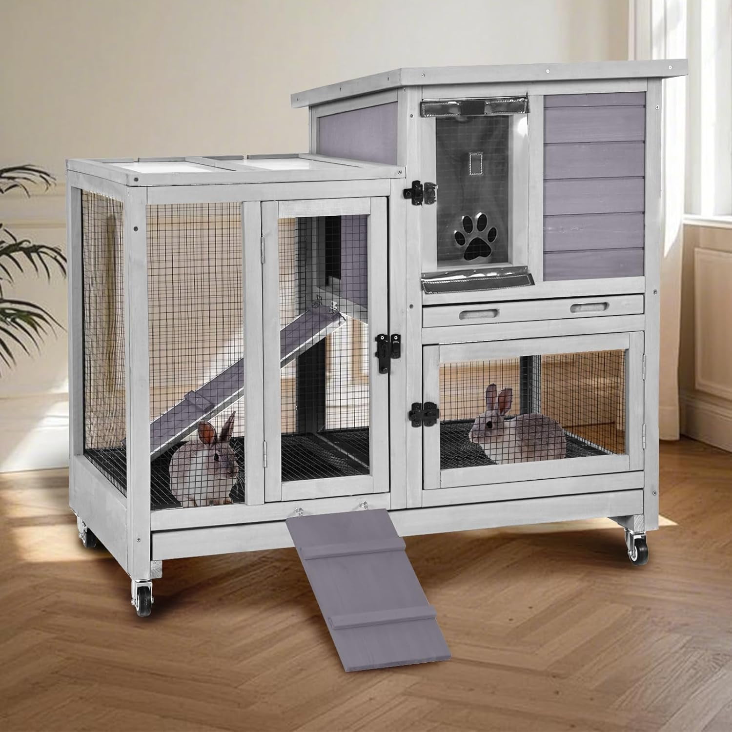 MEDEHOO 2-Story Rabbit Hutch Indoor Bunny Cage Outdoor Guinea Pig House with Wire Mesh Floor, Leak-Proof Trays, Lockable Wheels for Rabbits, Guinea Pigs, 40.6" L x 26" W x 37.6" H
