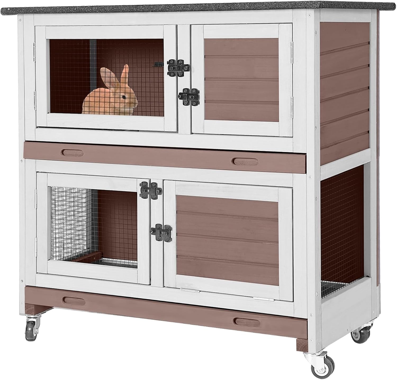 MEDEHOO 2-Story Rabbit Hutch Indoor Bunny Cage Wooden Guinea Pig House with Chew-Proof Ramp, Leakproof Slide-Out Trays, Lockable Caster Wheels for 1-3 Rabbits (Brown)