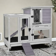 MEDEHOO 2-Story Rabbit Hutch Indoor with Chew-Proof Ramp & Slide-Out Plastic Trays - Wooden Small Animal Cage Guinea Pig Cages with Wheels for 2-4 Rabbits, Bunnies, and Guinea Pigs Grey