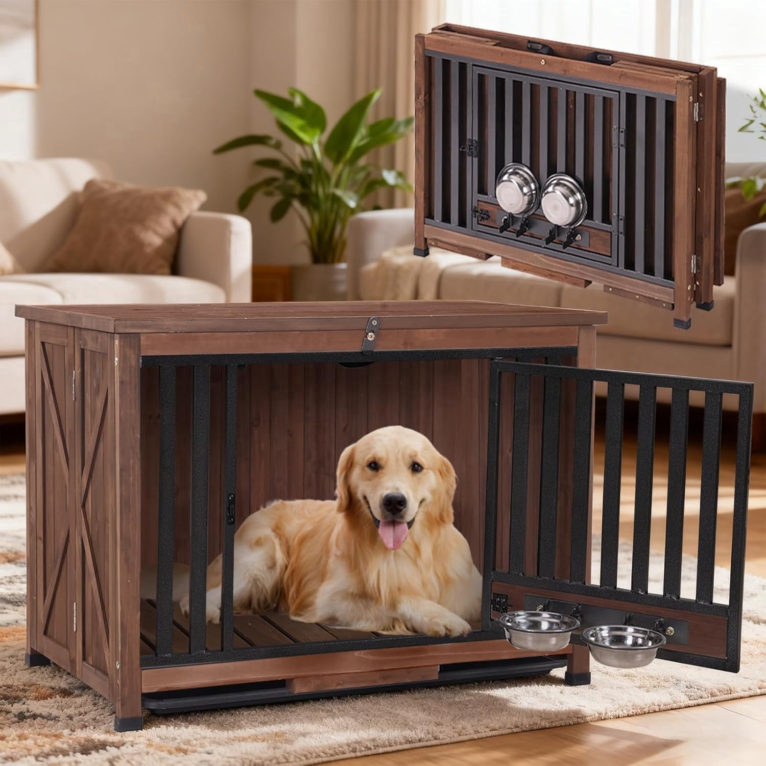 MEDEHOO 33.3’’ Dog Crate Furniture, Folding Dog Crates with 360° Rotating Bowls, Wooden Puppy Cage Kennel with Metal Frame for Small & Medium Dogs Indoor, Removable Tray and Floor (Brown)