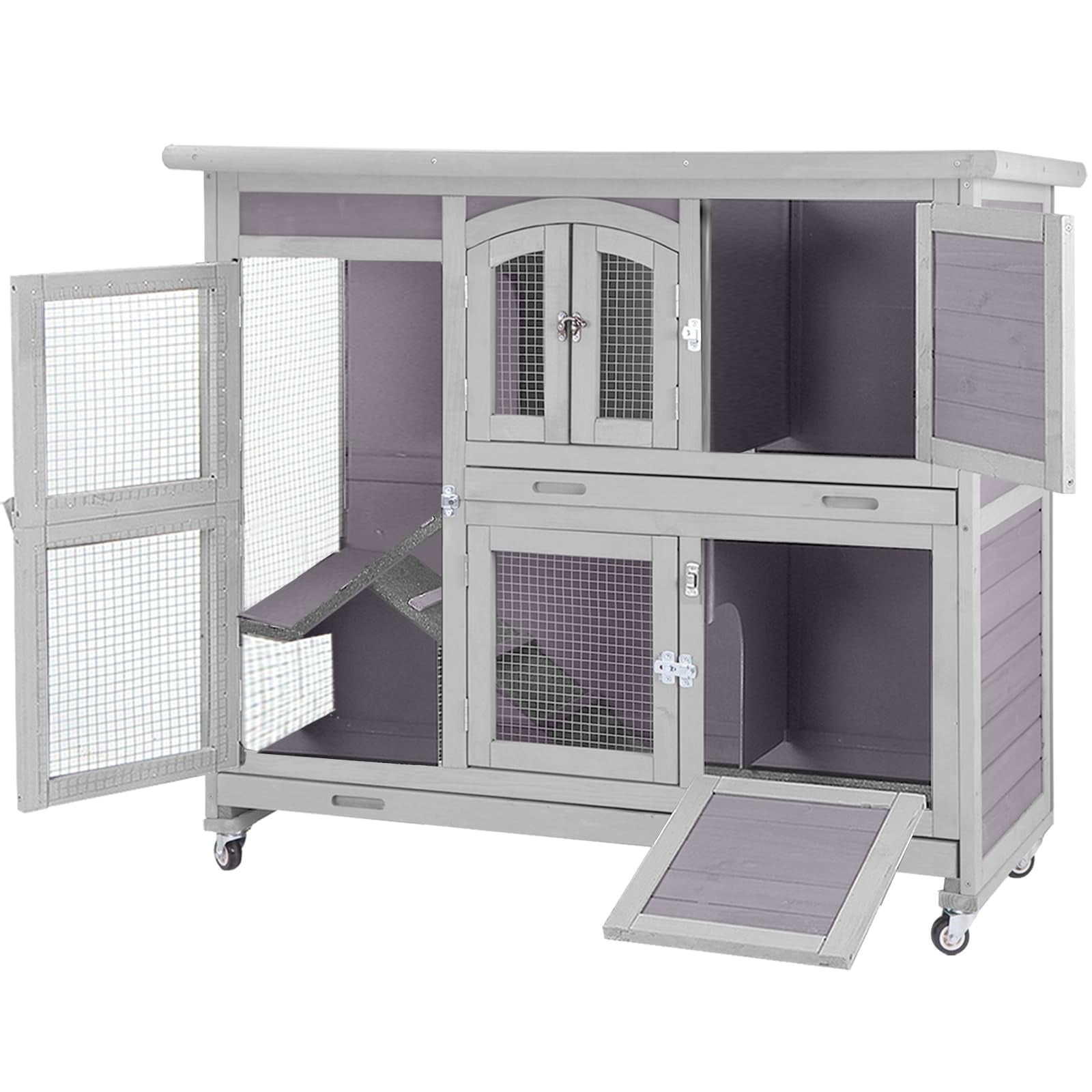 BUTINGLALE 47" Two Story Rabbit Hutch with Wheels, Indoor Outdoor Bunny Cage Guinea Pig Cage, 2 Deep No Leak Trays Included, Gray