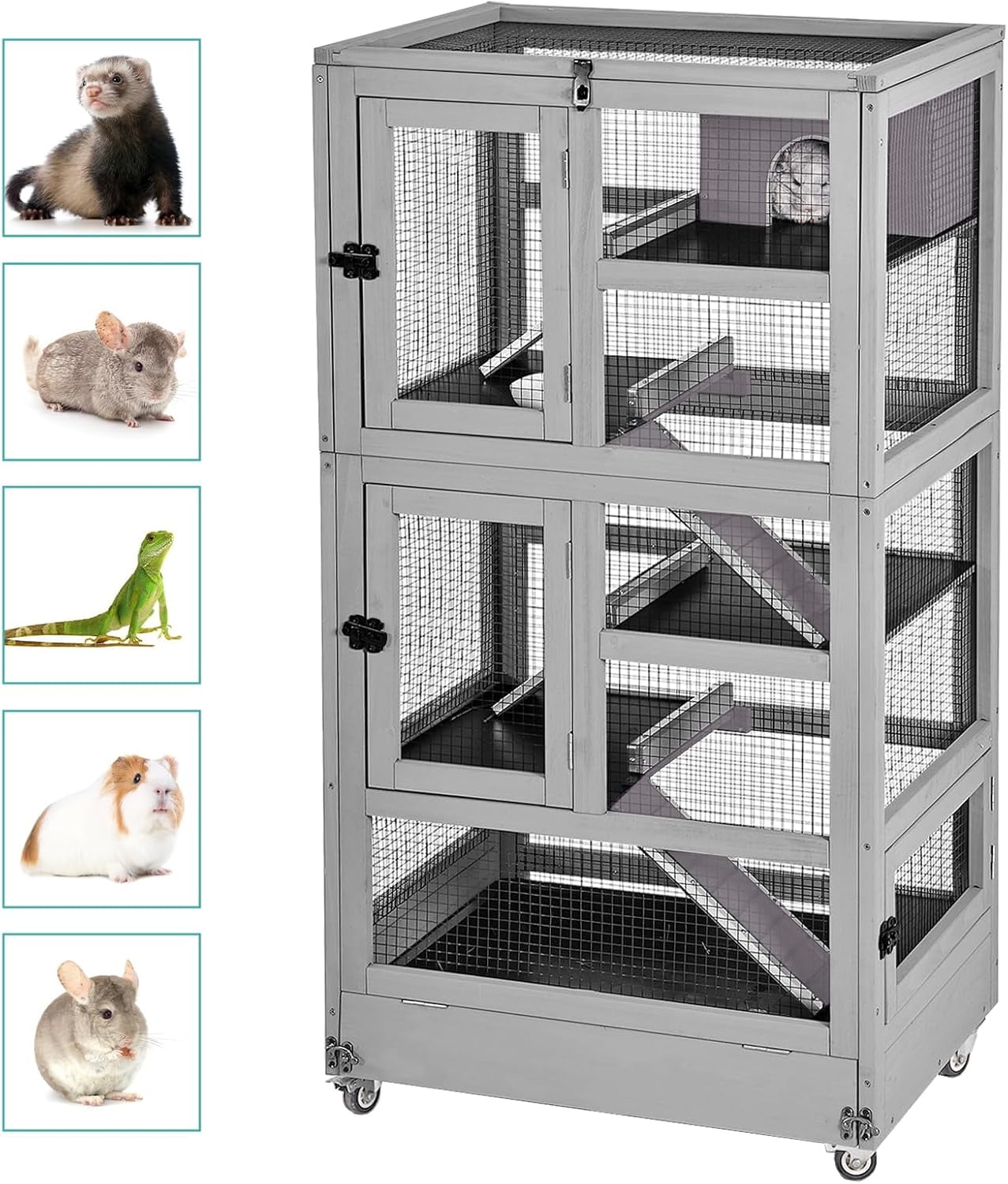 MEDEHOO 5-Level Small Animal Cage - Wooden Ferret Cage with Anti-Chew Metal Frame, Wheels & Removable Trays for Chinchillas, Hedgehogs, Indoor/Outdoor Use