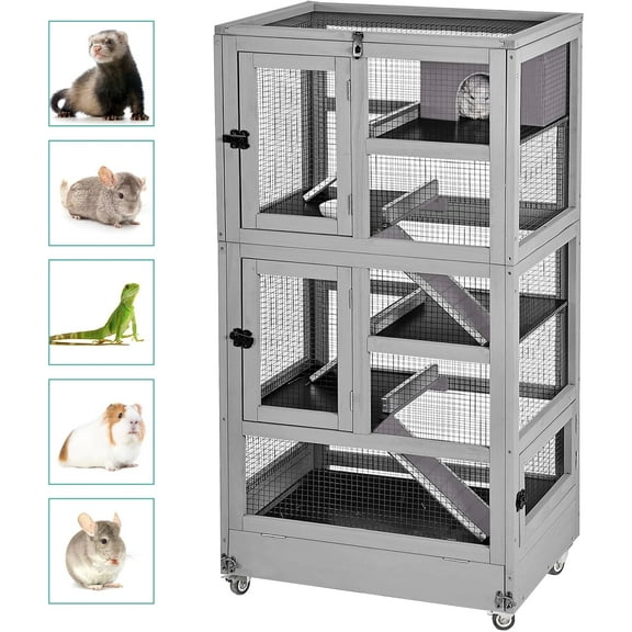 MEDEHOO 5-Level Small Animal Cage - Wooden Ferret Cage with Anti-Chew Metal Frame, Wheels & Removable Trays for Chinchillas, Hedgehogs, Indoor/Outdoor Use