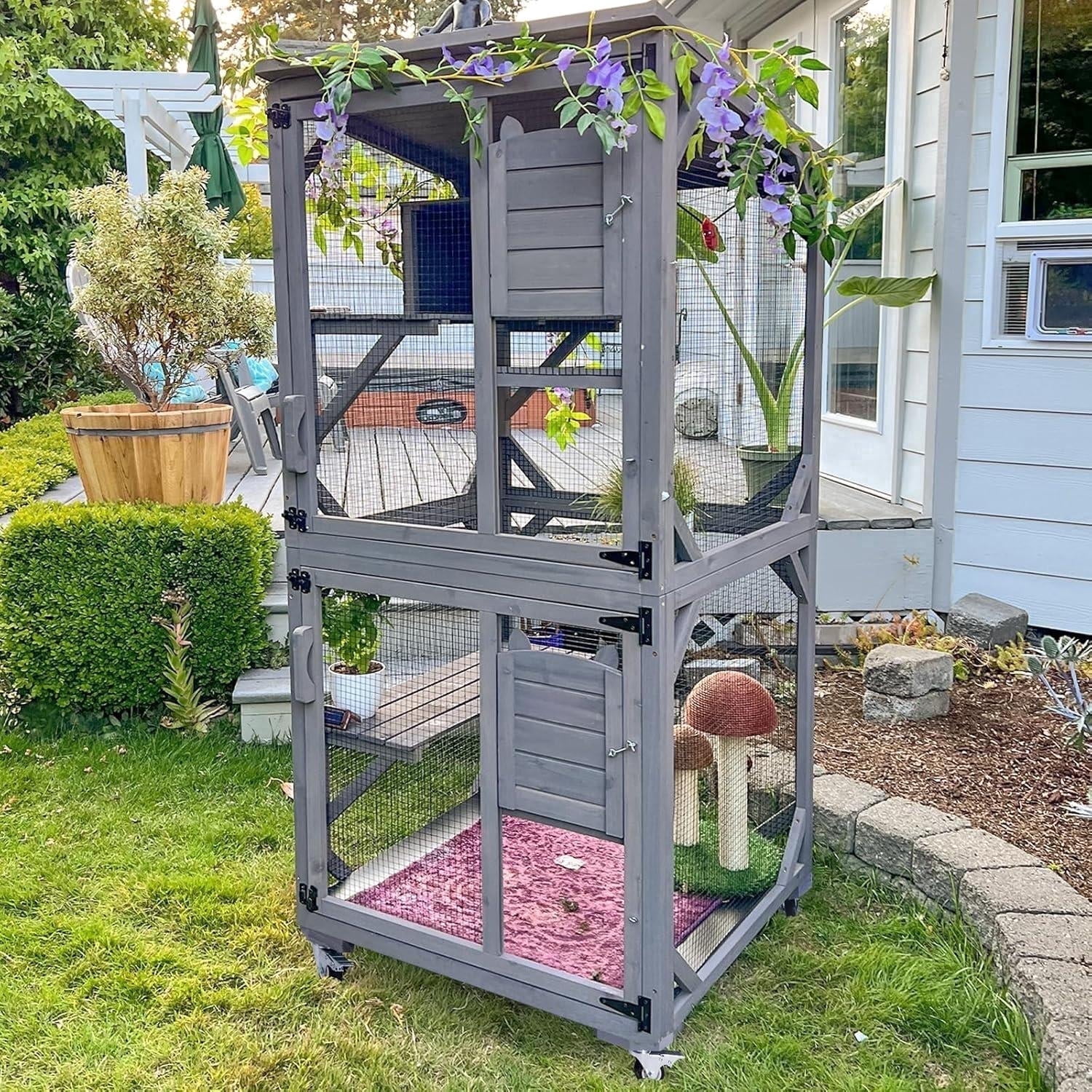 MEDEHOO 71 " Outdoor Catio Cat Enclosure , Kitty House Indoor with Perches and Condos Large Cat Shelter -Waterproof Catio Shelter with Wheels
